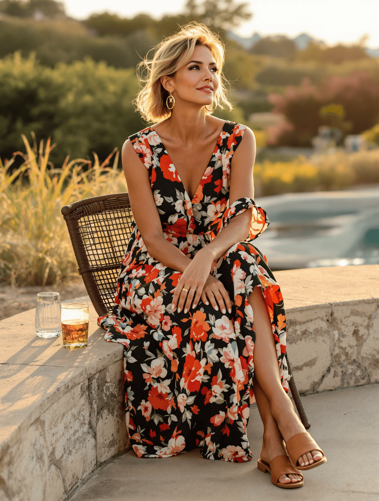 Płaskie skórzane sandały z ozdobną złotą klamrą, łączące letnią elegancję z komfortem noszenia.