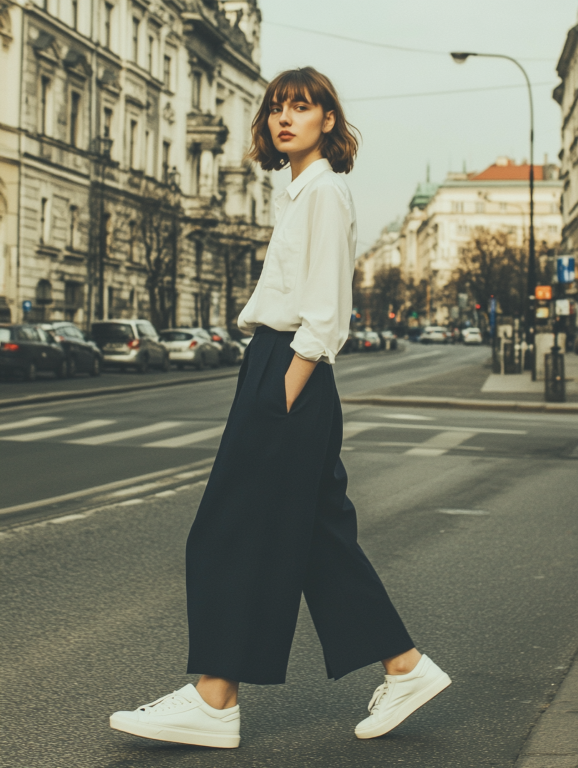 Stylizacja ze spodniami culotte i sneakersami - nowoczesny, elegancki look