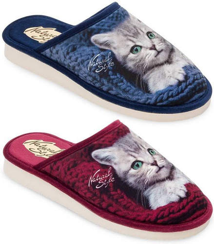 Pantofle damskie Meteor DV128 KOTEK granatowe i bordowe rozm.36-40